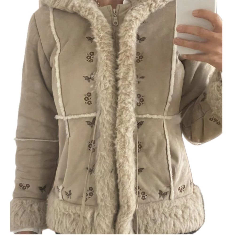 Vintage Tan Hooded Faux Suede Sherpa Jacket with Butterfly and Floral Embroidery